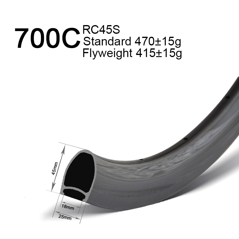 700C 25mm ความกว้าง 45mm ความลึก Carbon Clincher Rims