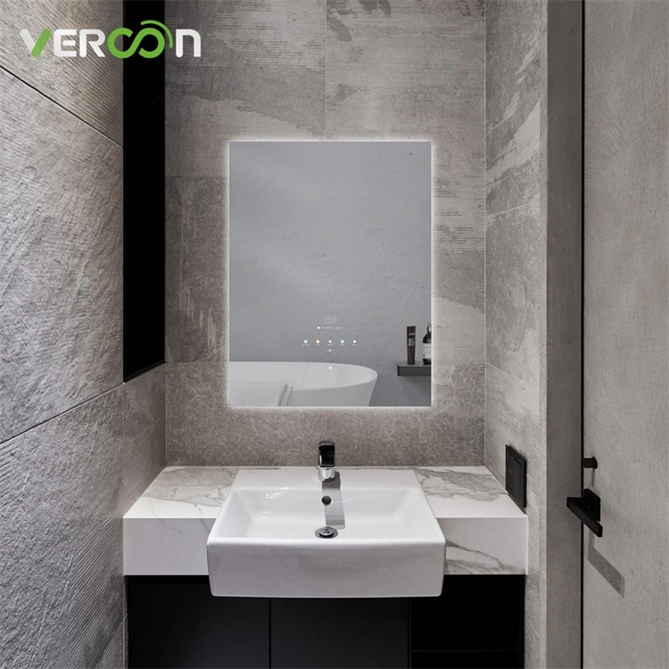 กระจกห้องน้ำอัจฉริยะแบบป้องกันฝ้า LED ติดผนังพร้อมไฟ LED หรี่แสงได้