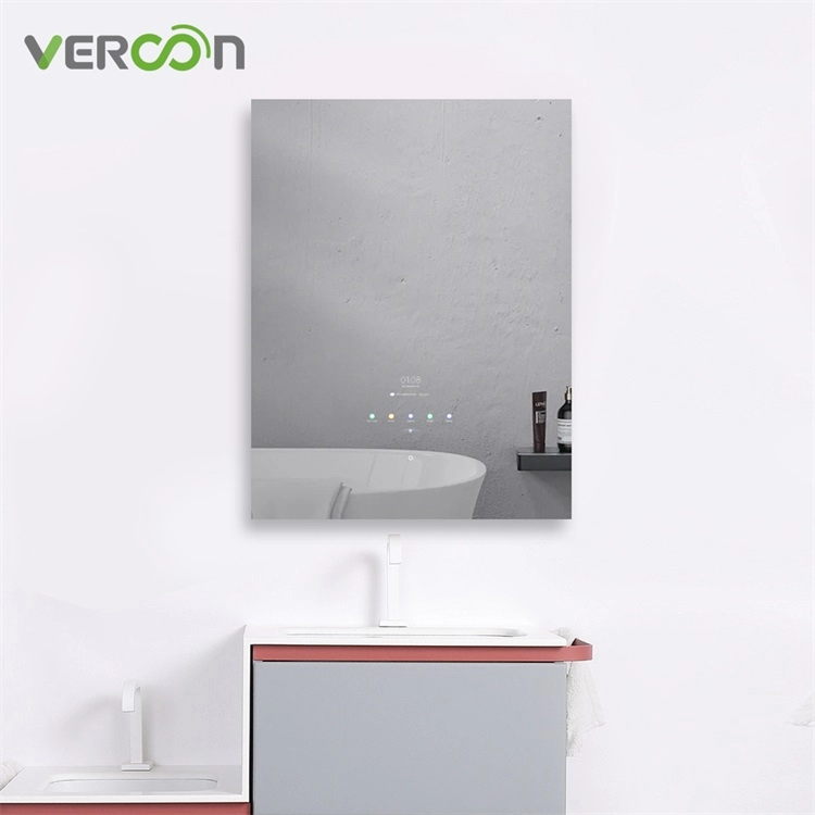 กระจกห้องน้ำอัจฉริยะแบบป้องกันฝ้า LED ติดผนังพร้อมไฟ LED หรี่แสงได้