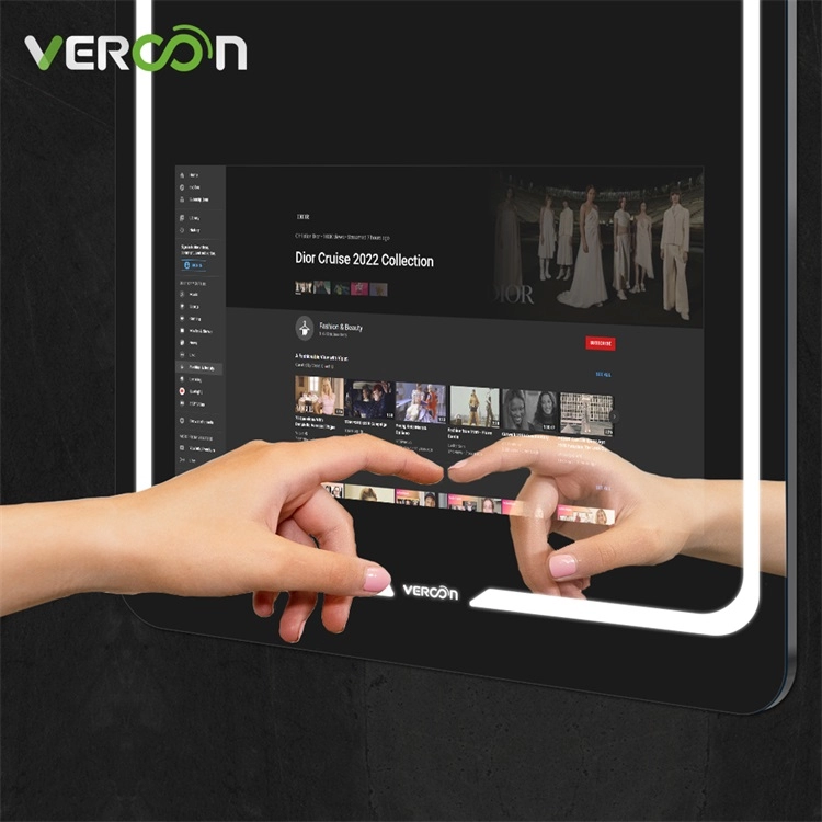 Vercon Espejos Inteligentes Android หน้าจอสัมผัสกระจกห้องน้ำอัจฉริยะทีวีกระจกวิเศษใน Estate