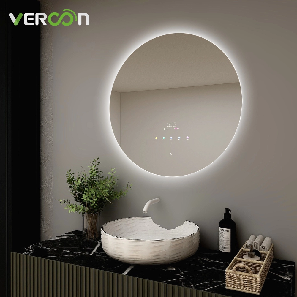 Led Bathroom Smart Mirror Round พร้อมไฟพื้นหลังและ Bluetooth