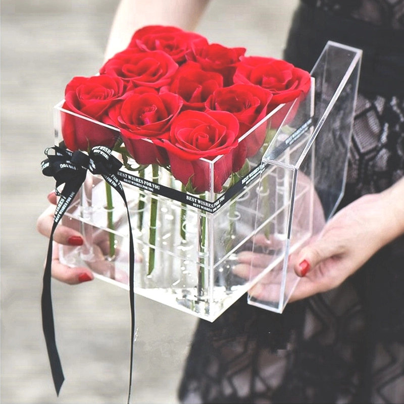 กล่องอะครีลิค สี่เหลี่ยม ดอกกุหลาบ กล่องเก็บดอกไม้นิรันดร์ กล่องคริสตัลใส