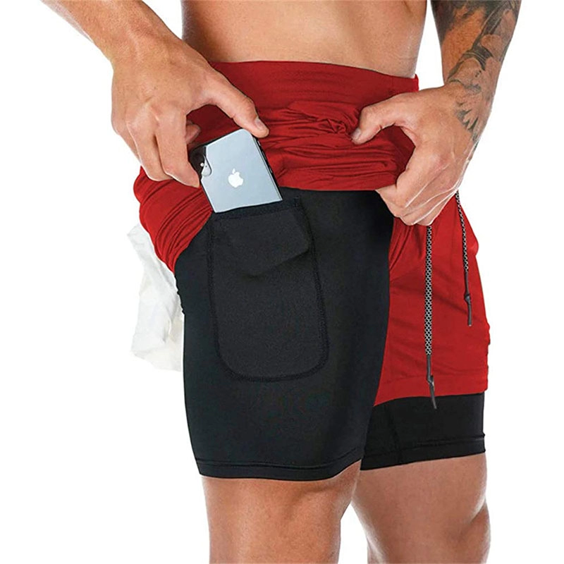 ผู้ชาย 2-in-1 Stealth Shorts 7 นิ้ว Gym Yoga กางเกงกีฬากลางแจ้ง