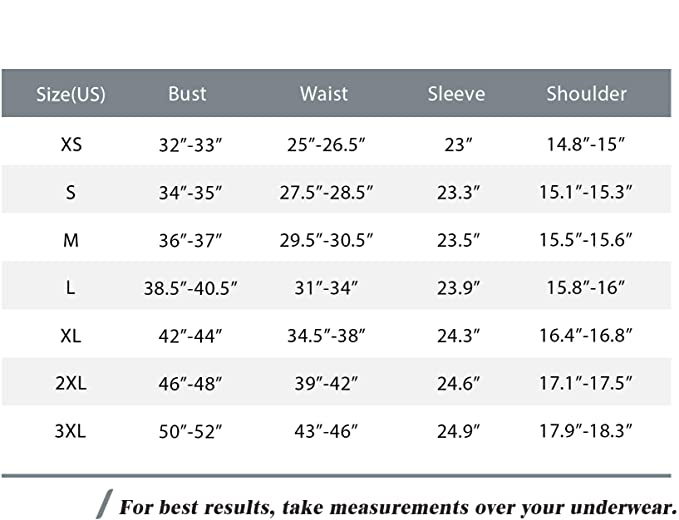 Down Jackets Size Table