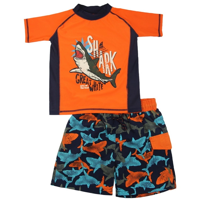 กางเกงว่ายน้ำลายฉลามสีส้มและน้ำเงิน