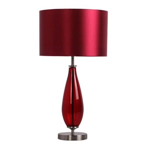 โคมไฟตั้งโต๊ะกระจกทับทิมวินเทจข้างเตียงพร้อมโป๊ะผ้าสีแดง
