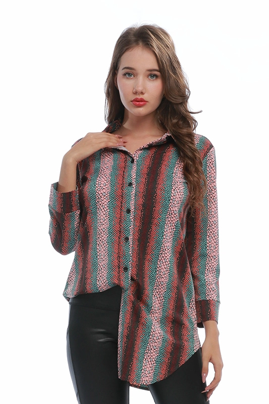ผู้ผลิต Spring Autumn Casual Snakeskin Print Long Sleeve Polyamide Spandex Women's Shirt