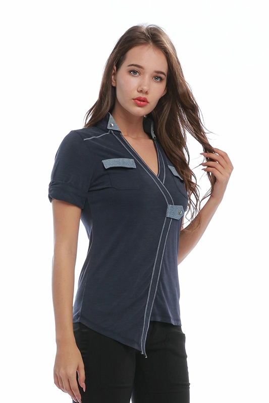 ผู้ผลิตจีน Casual Slim 100% Cotton Navy Short Sleeve V-Neck Custom Asymmetric Women's POLO เสื้อยืด