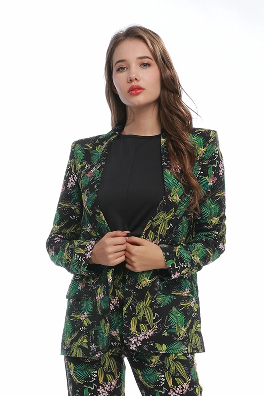คุณภาพสูงแขนยาวบางสีเขียวพิมพ์ดอกไม้ถักผู้หญิงชุดผู้หญิง Blazers