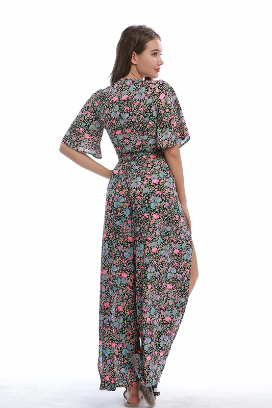 OEM Factory Custom Summer Casual Floral พิมพ์ชีฟองฤดูร้อนเสื้อผ้าผู้หญิง Crop Top Slit กางเกง 2 ชิ้น Set