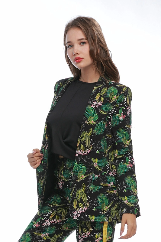 คุณภาพสูงแขนยาวบางสีเขียวพิมพ์ดอกไม้ถักผู้หญิงชุดผู้หญิง Blazers