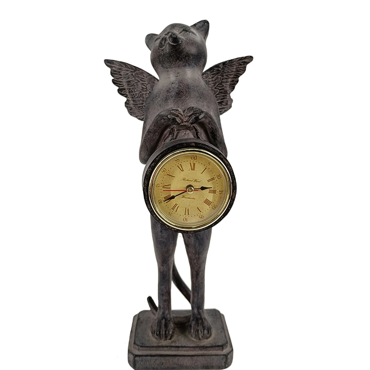 Retro Black Angel Cat Figurine นาฬิกาตั้งโต๊ะควอตซ์